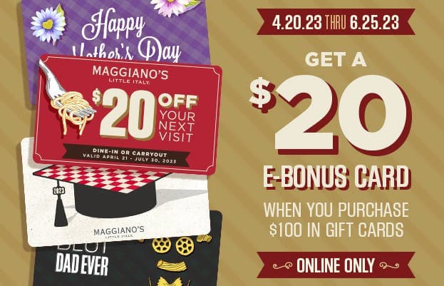 Get a $20 E-Bonus Card when you purchase $100 in gift cards. Online Only. 4/20-6/25